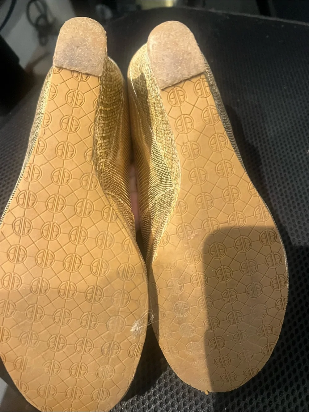 Lilly Pulitzer Gold Peep-Toe Heels with Red Insole